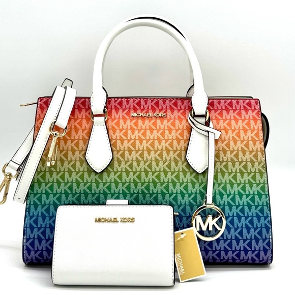 Michael Kors Medium Sheila CZ Satchel Bag & Matching Bifold Wallet Rainbow - Picture 1 of 11